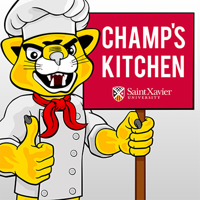 Champ the Cougar holding a sign for Champ's Kitchen