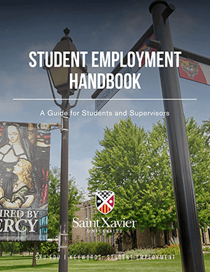 Student Employment Handbook cover with the Mercy street sign on campus