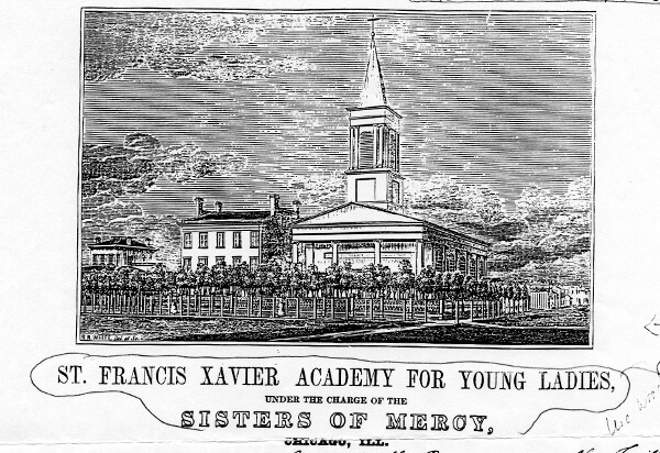 Sketch of St. Francis Xavier Academy building in black and white