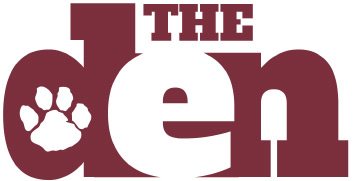 the den logo in red and white with a paw in the D